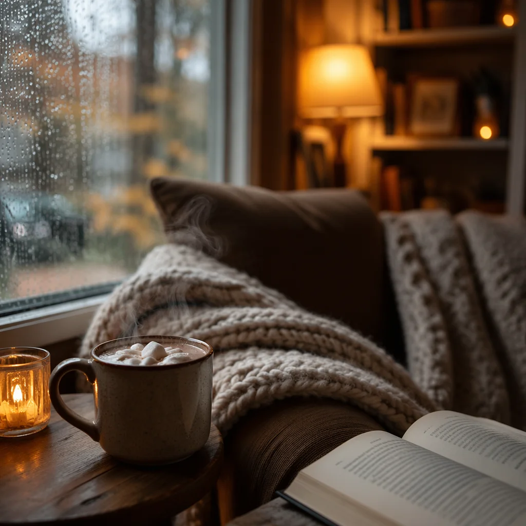 Cozy Reading Nook with Hot Cocoa