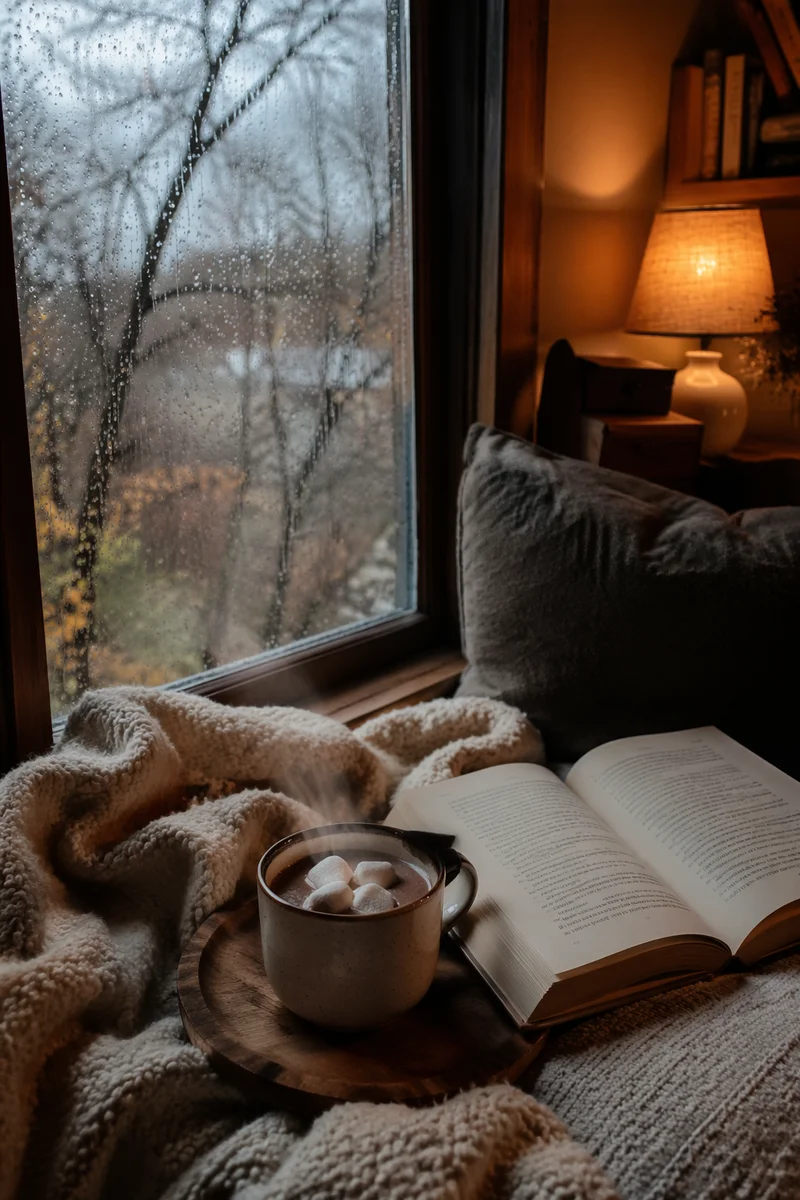 Cozy Reading Nook with Hot Cocoa