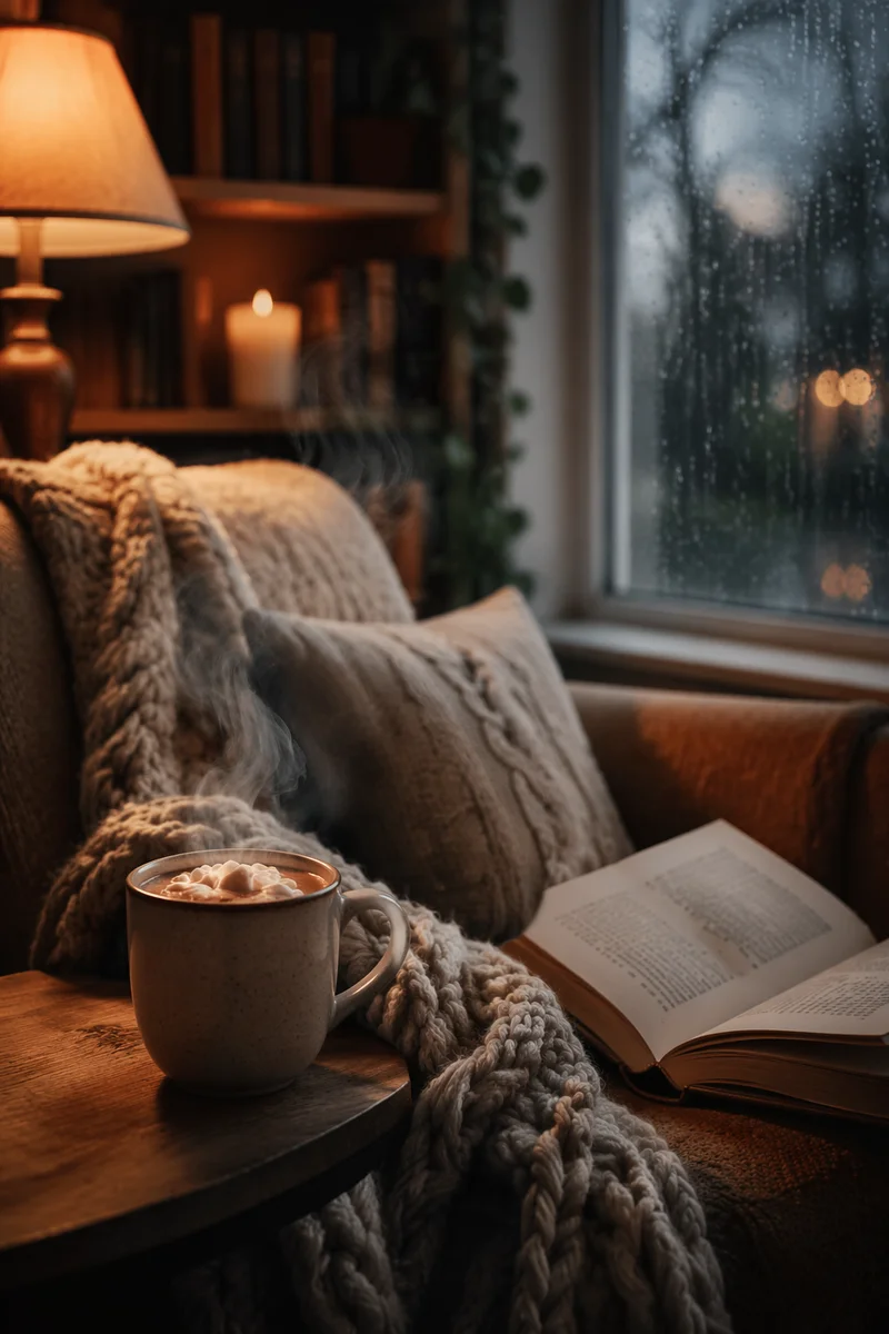 Cozy Reading Nook with Hot Cocoa
