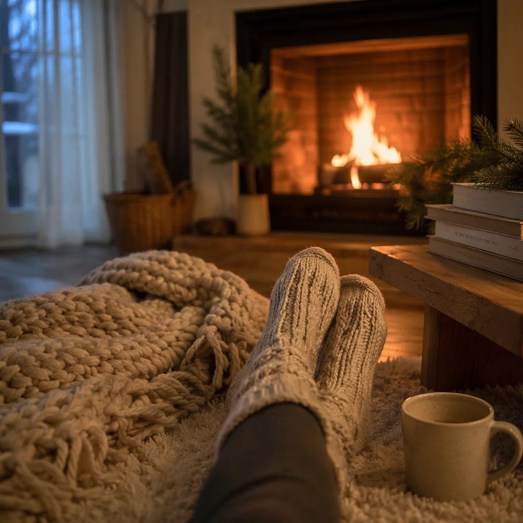Cozy Socks by Fireplace Winter Evening