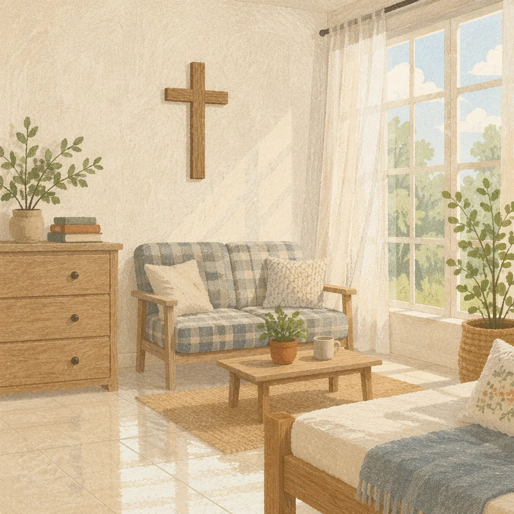 Wooden Cross in Sunlit Living Room