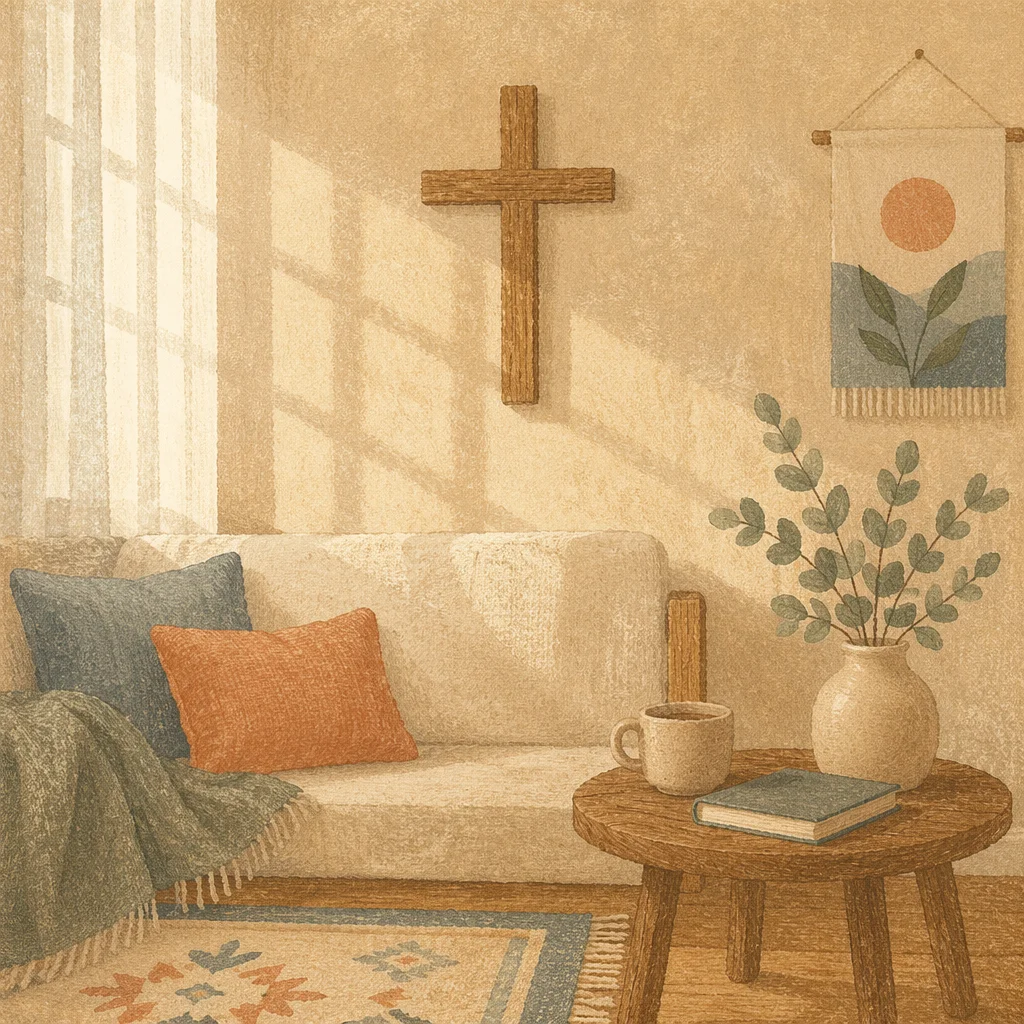 Wooden Cross on Cozy Living Room Wall