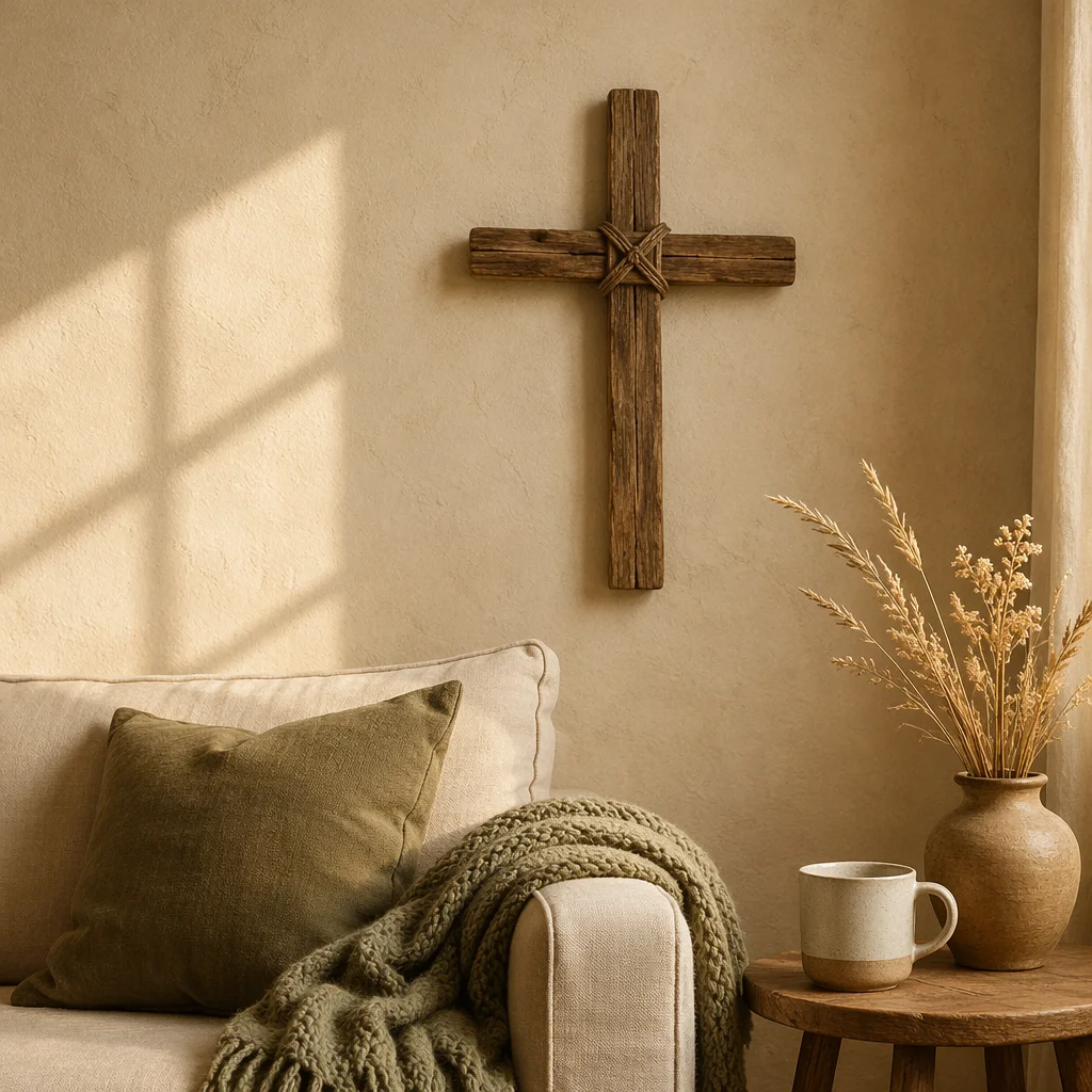 Wooden Cross on Warm Living Room Wall