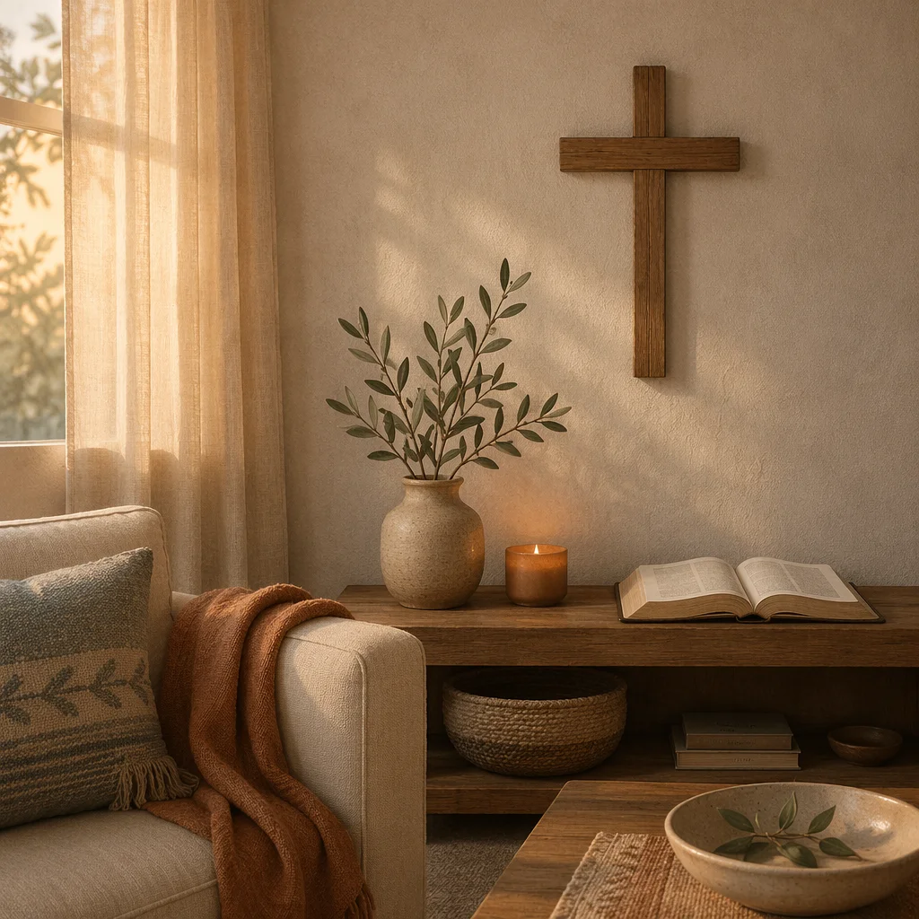 Wooden Cross in Cozy Living Room