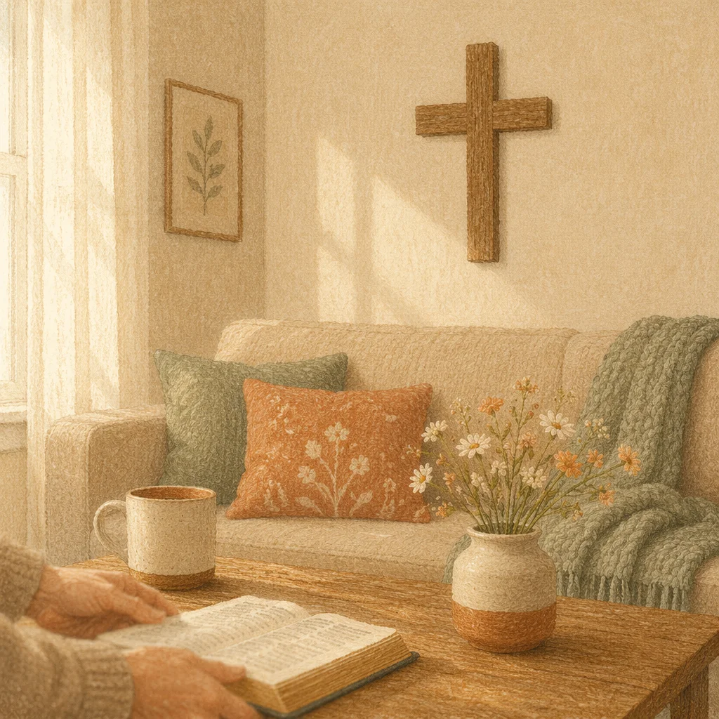 Wooden Cross Above Cozy Linen Sofa