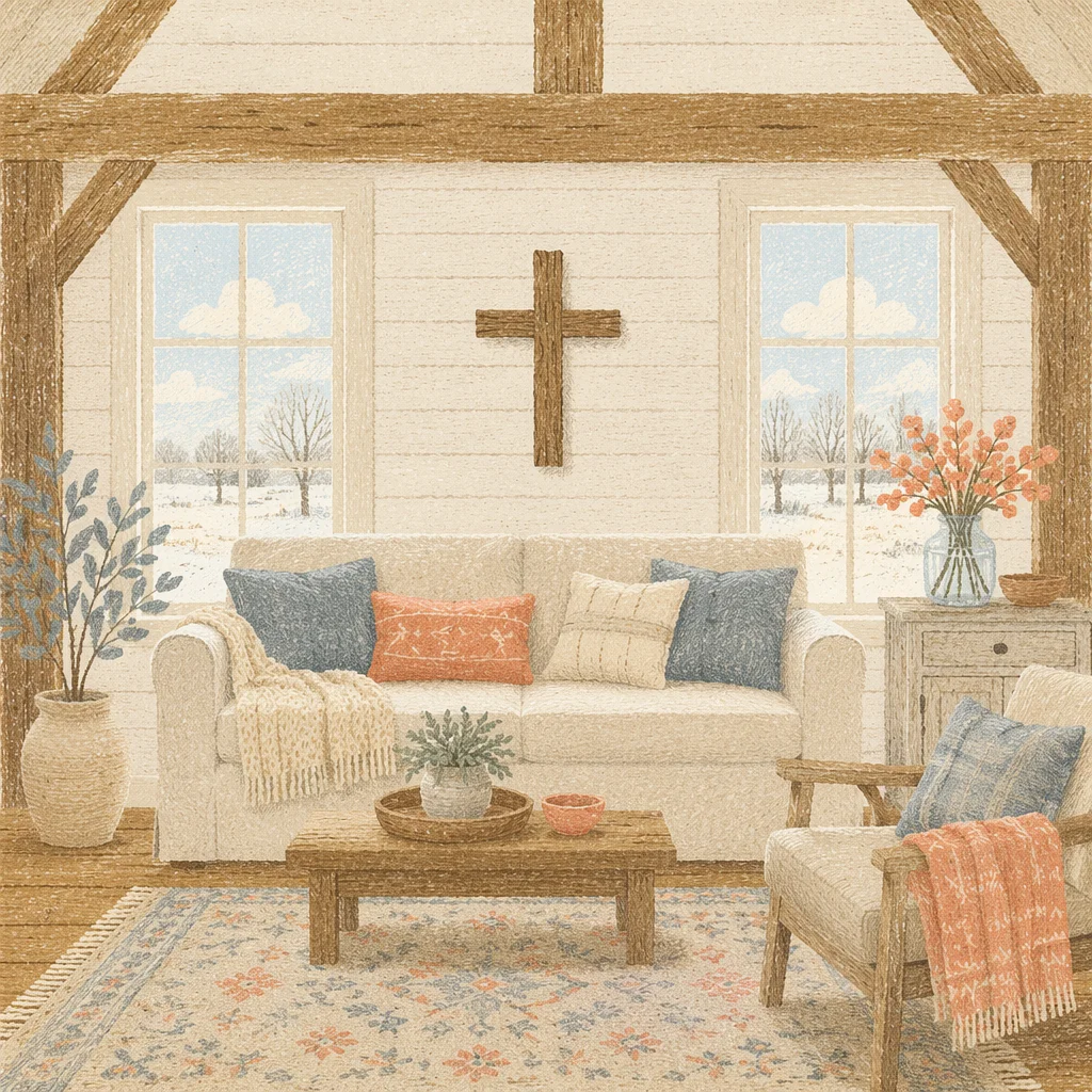 Wooden Cross in Cozy Rustic Living Room