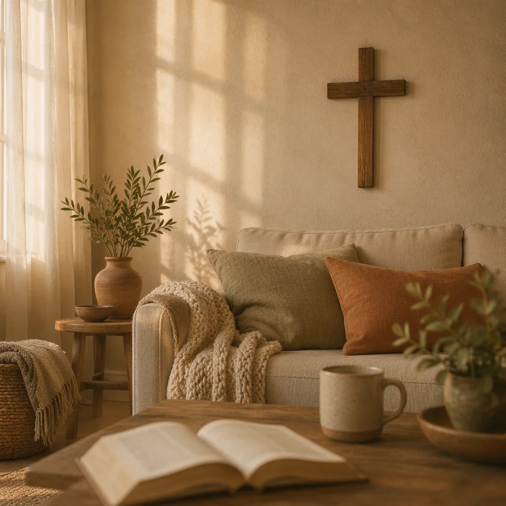 Wooden Cross Above Peaceful Living Room Sofa