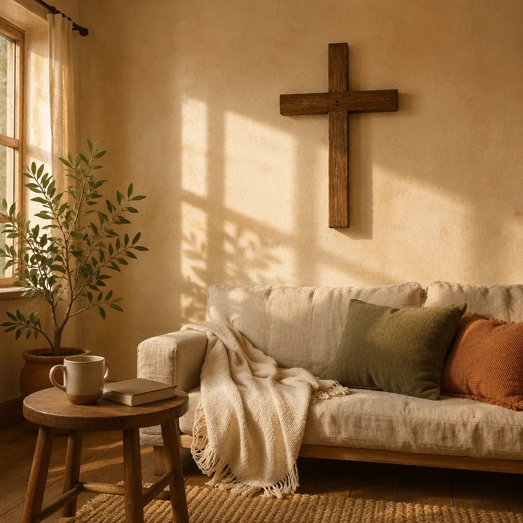 Wooden Cross on Warm Living Room Wall