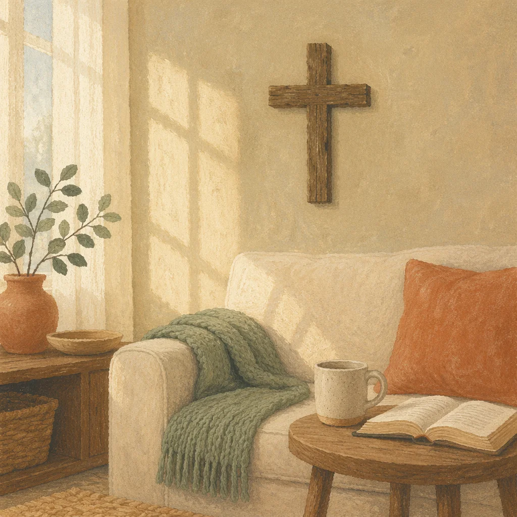 Handmade Wooden Cross in Cozy Living Room