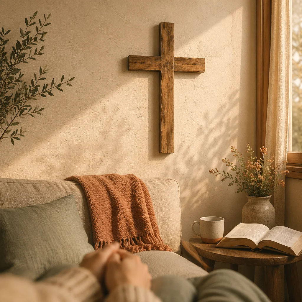 Wooden Cross on Cozy Living Room Wall