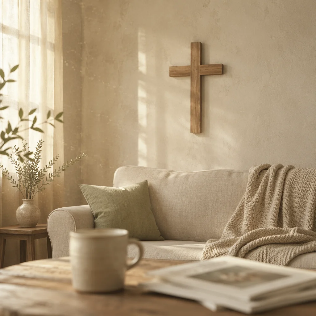 Wooden Cross Above Cozy Linen Sofa