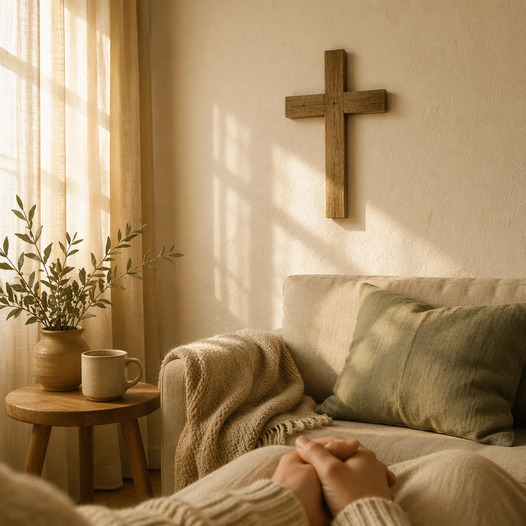 Wooden Cross Above Peaceful Living Room Sofa