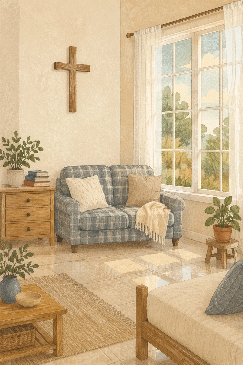 Wooden Cross in Sunlit Living Room