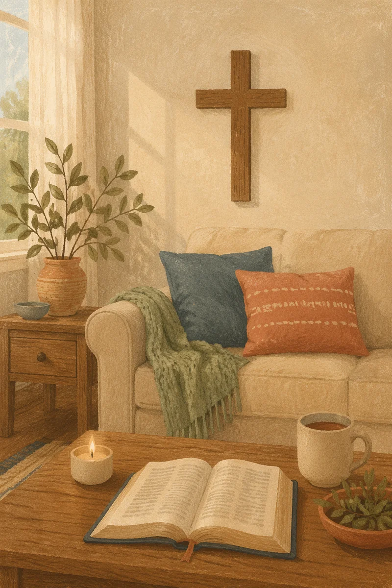 Wooden Cross Above Cozy Living Room Sofa