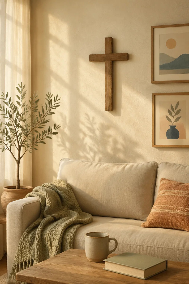 Wooden Cross Above Cozy Living Room Sofa