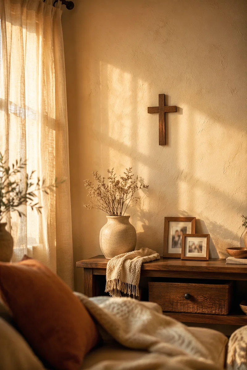 Wooden Cross on Warm Living Room Wall