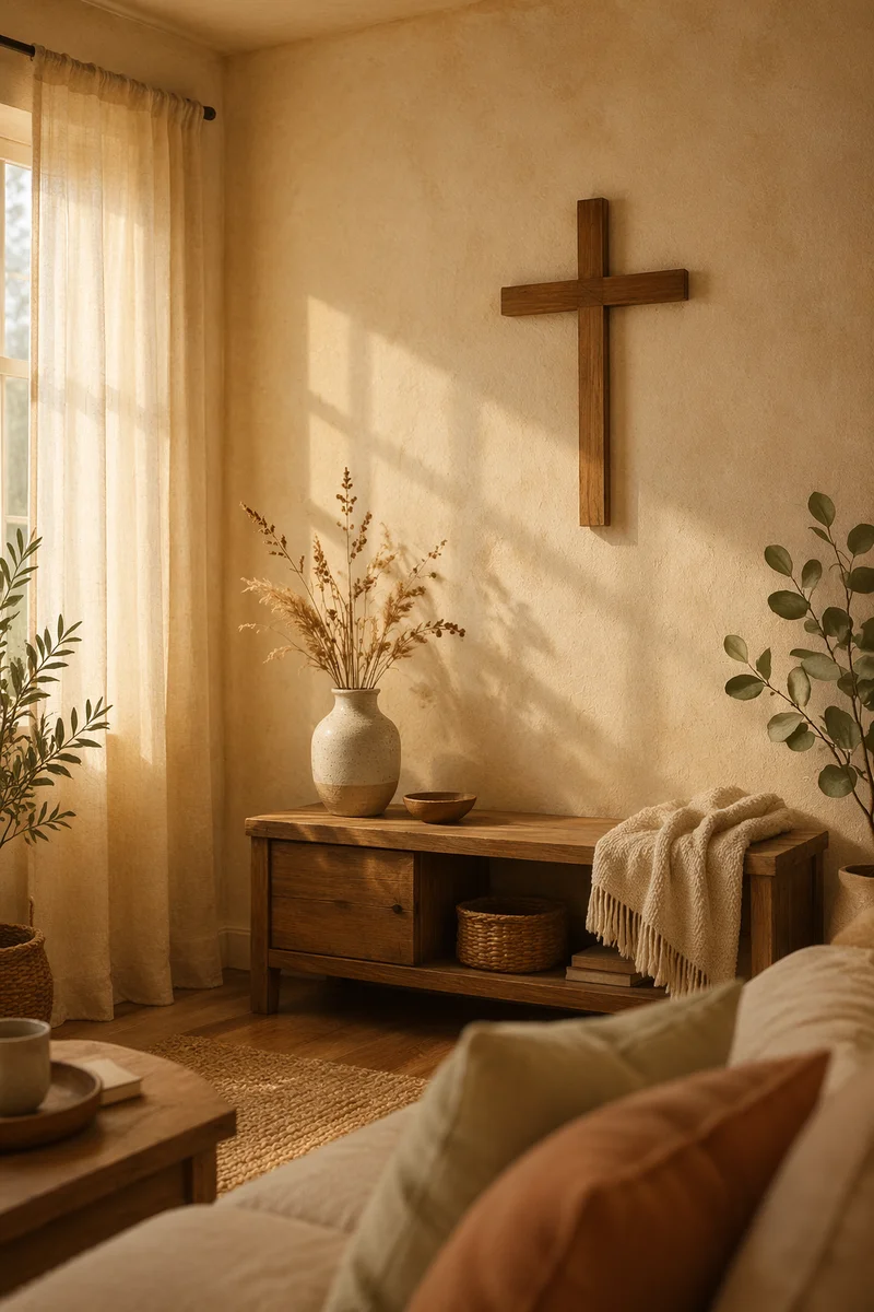 Wooden Cross on Warm Living Room Wall