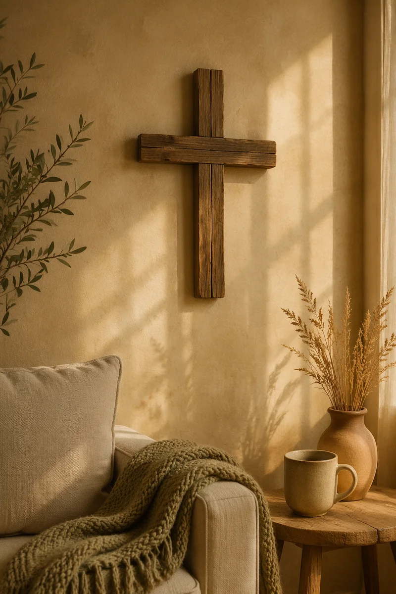 Wooden Cross on Warm Living Room Wall