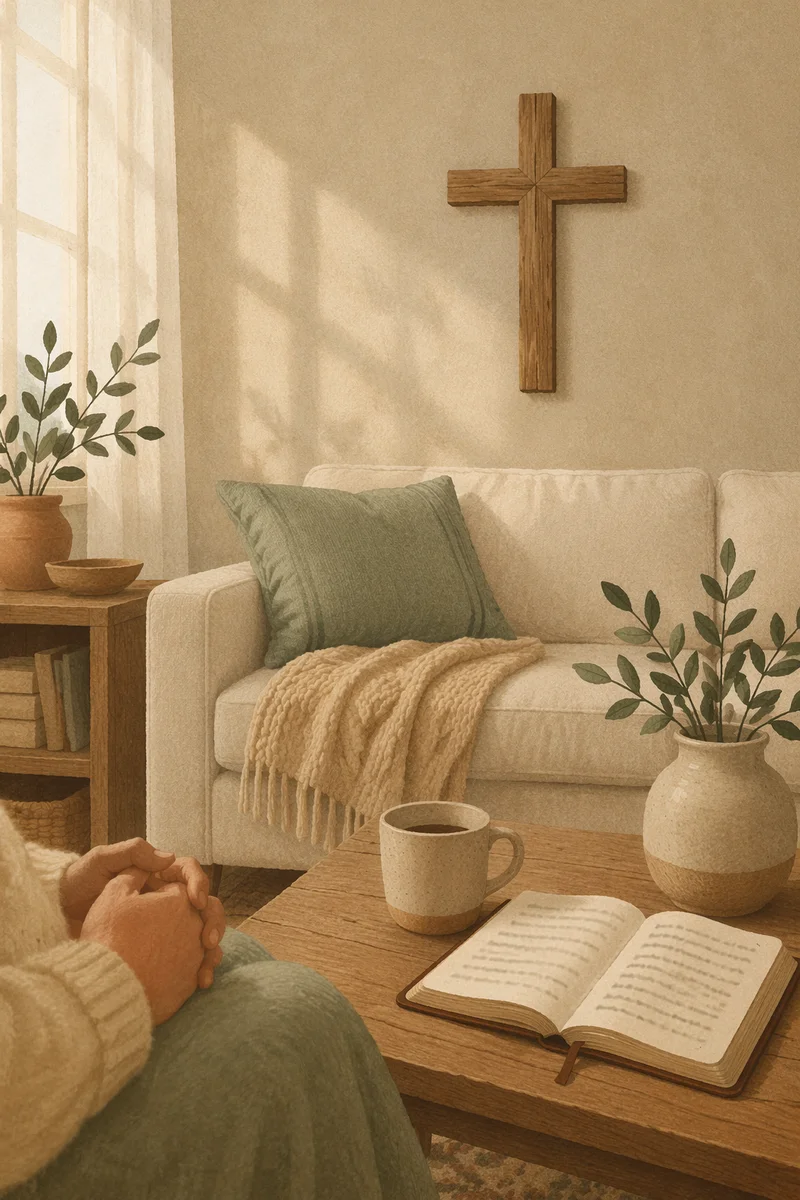 Wooden Cross Above Sofa in Living Room