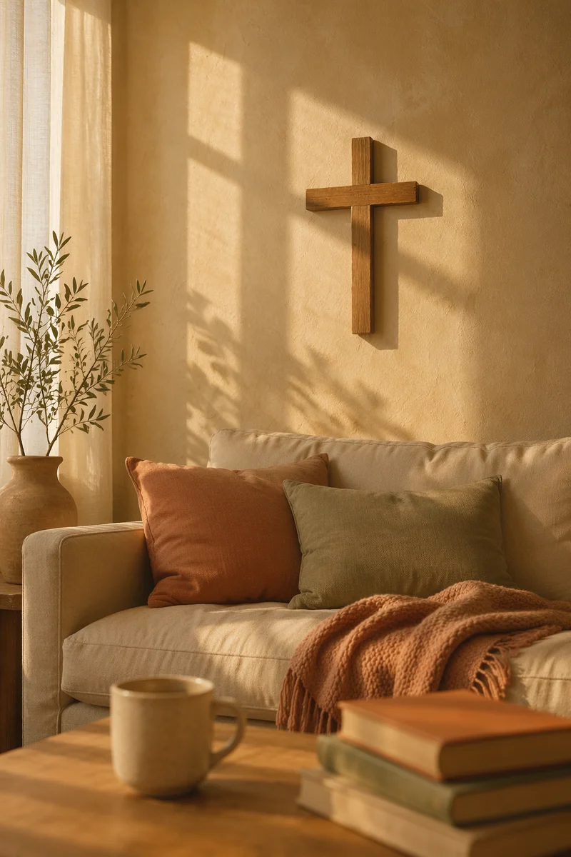 Wooden Cross Above Cozy Living Room Sofa
