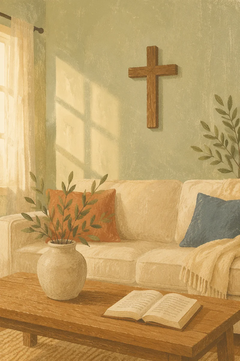 Wooden Cross on Sage Living Room Wall