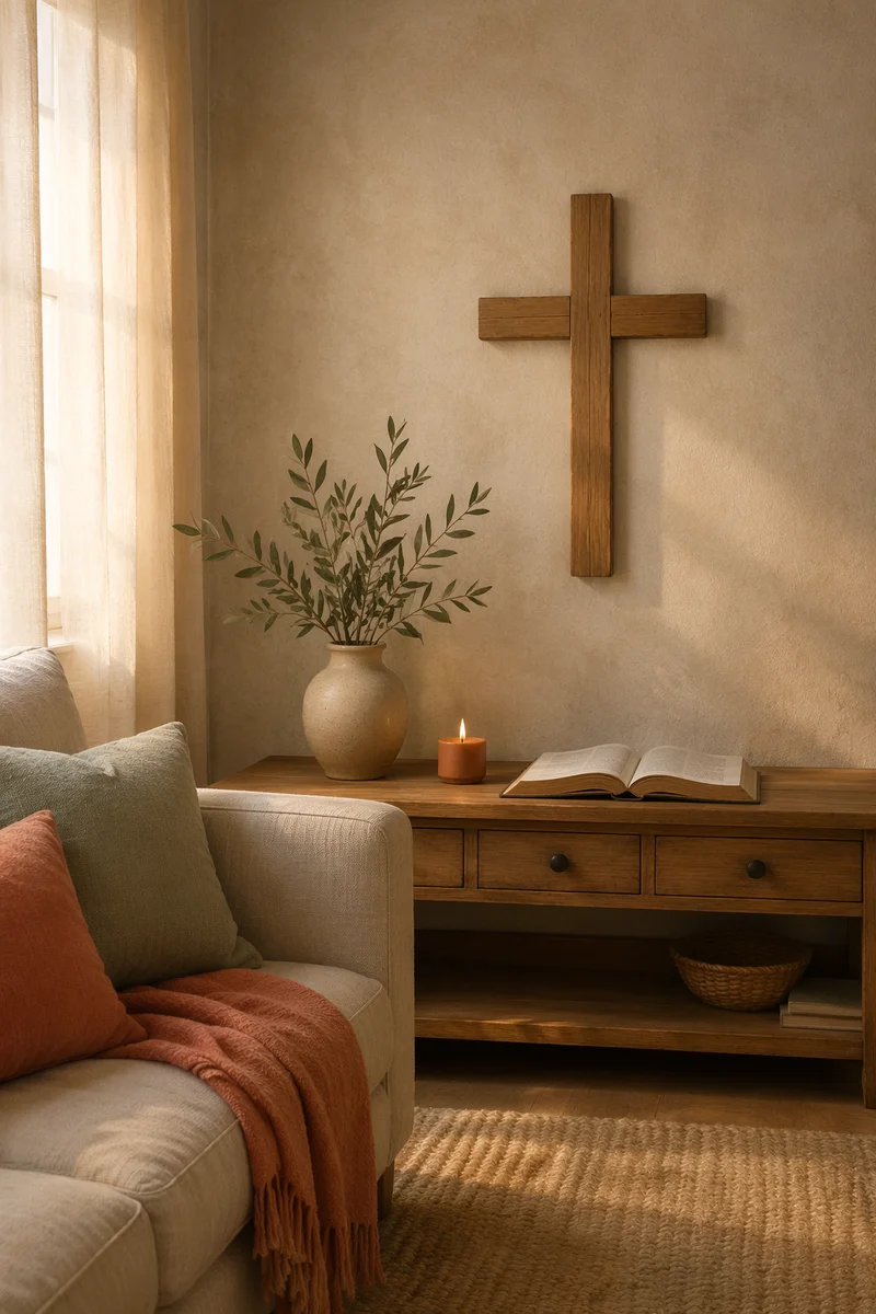 Wooden Cross in Cozy Living Room