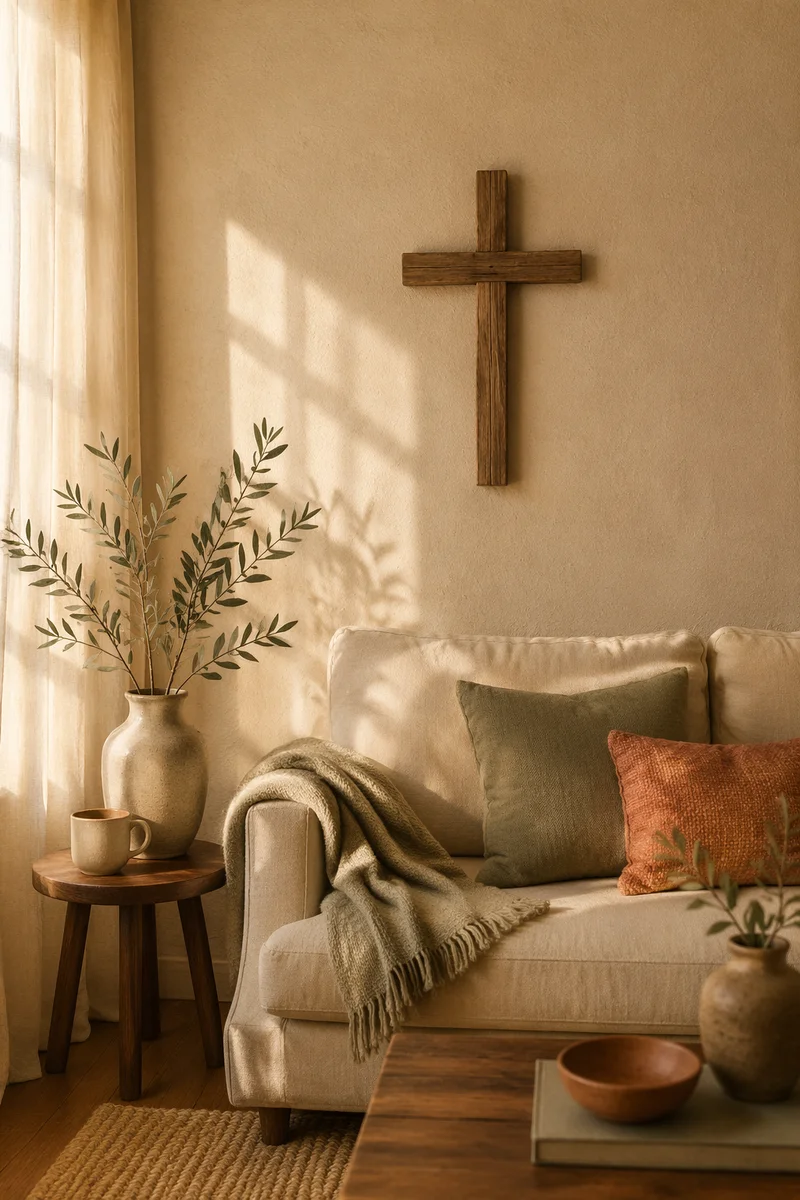 Wooden Cross Above Cozy Greige Sofa