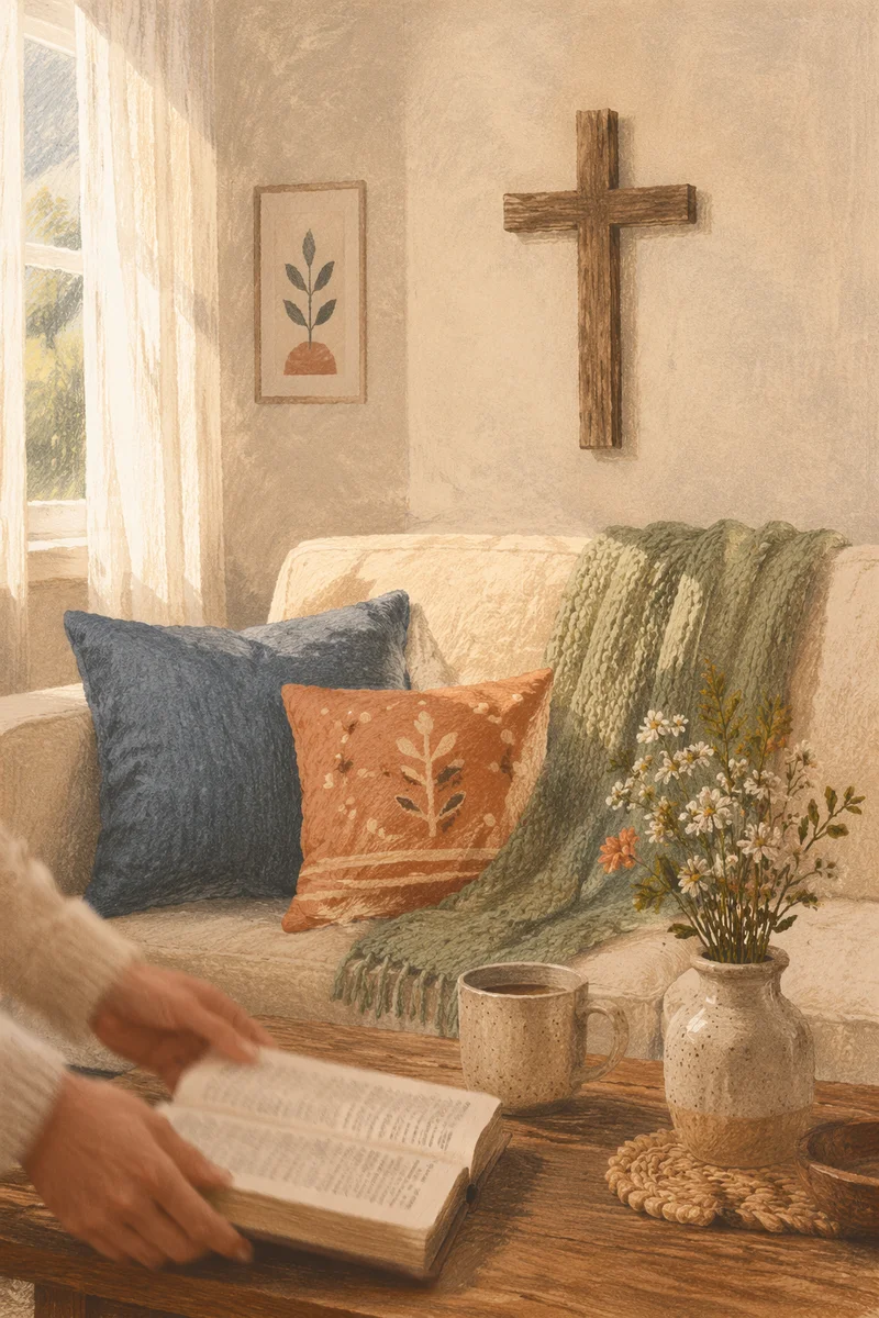 Wooden Cross Above Cozy Living Room Sofa