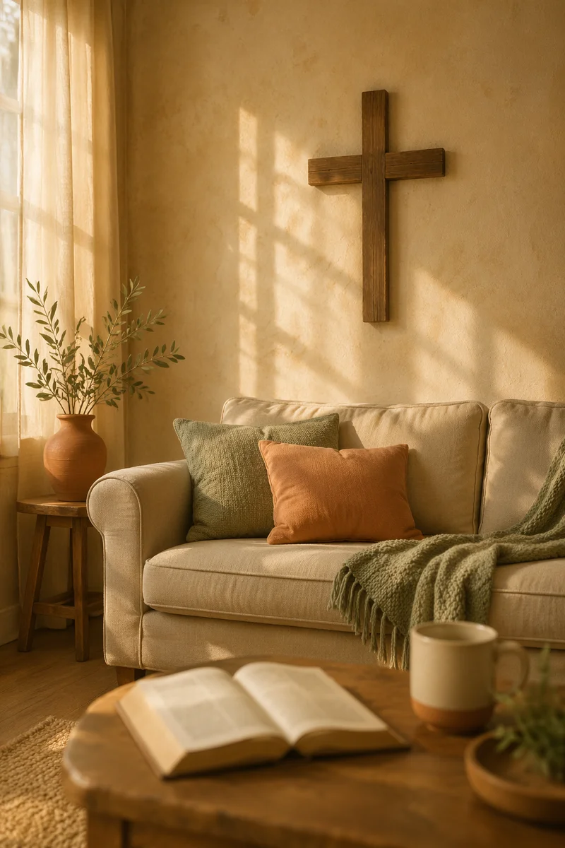 Wooden Cross Above Cozy Living Room Sofa