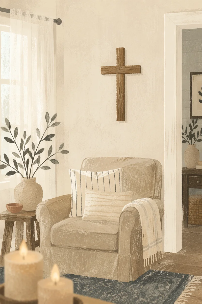 Wooden Cross in Peaceful Living Room Corner