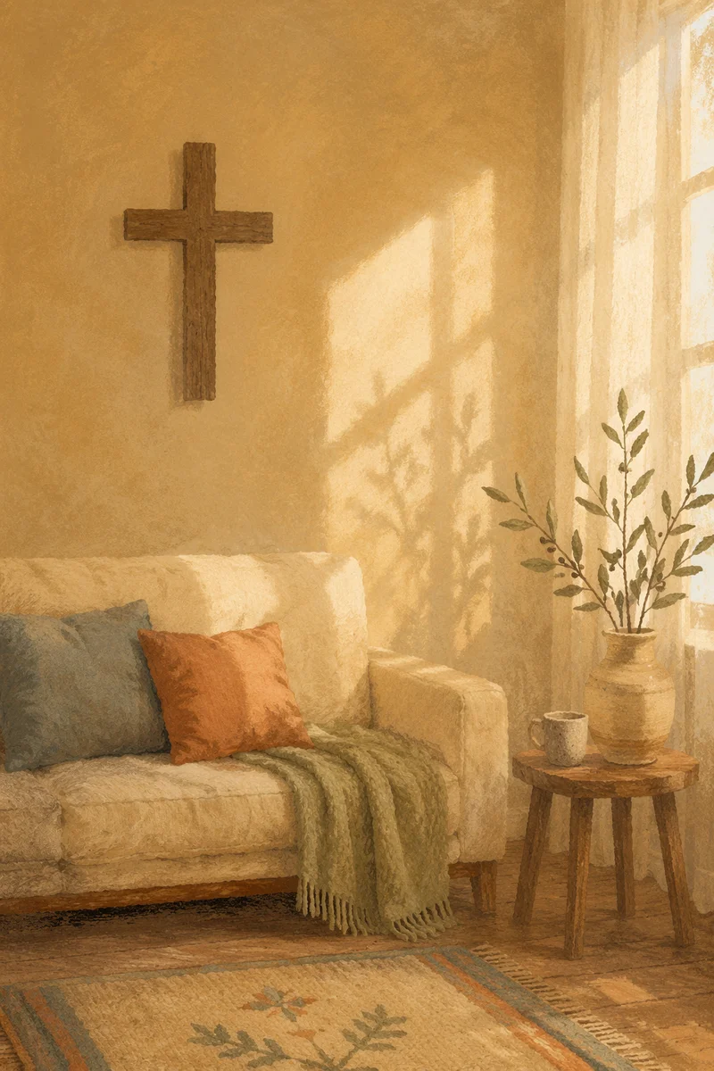 Wooden Cross in Warm Living Room