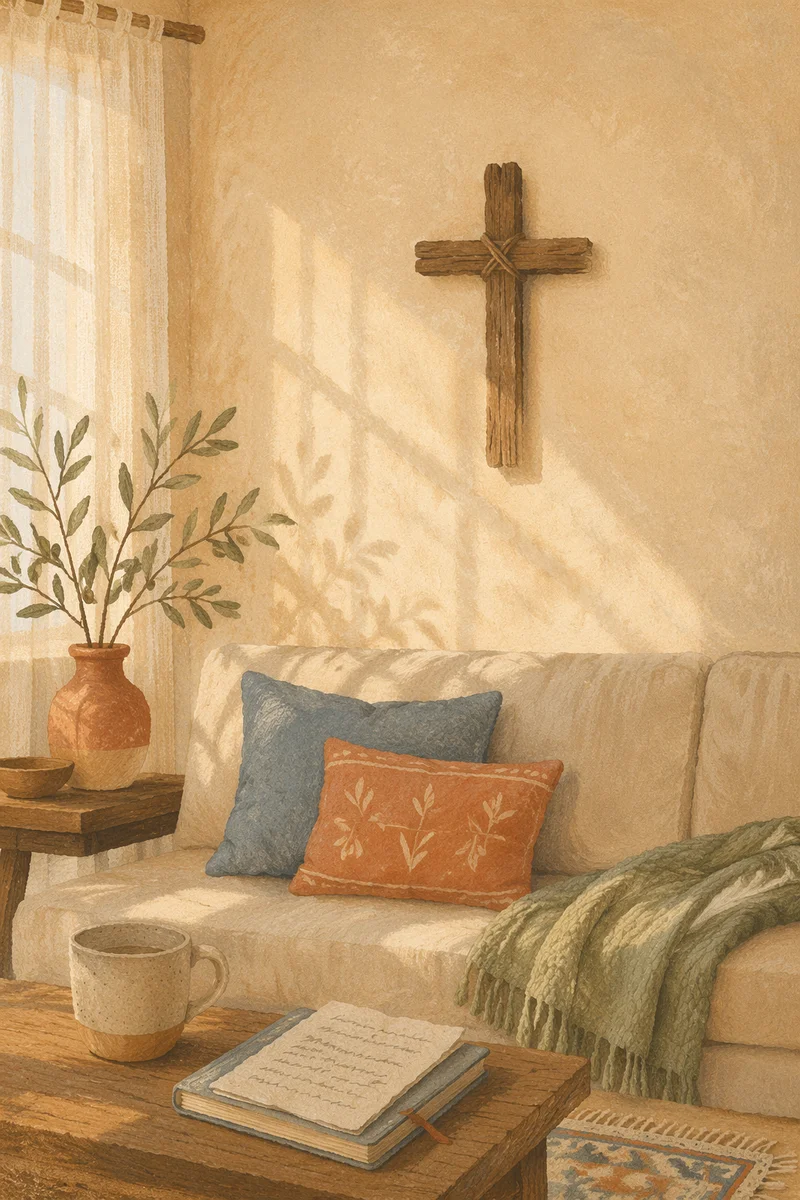 Handmade Wooden Cross on Cozy Living Room Wall