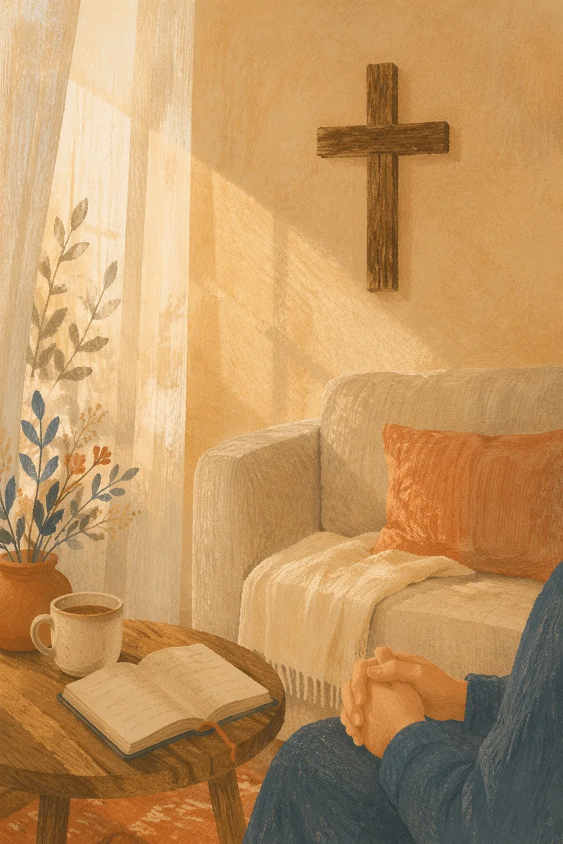 Wooden Cross Above Cozy Living Room Sofa