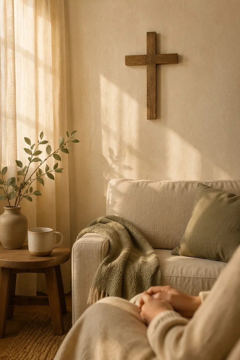 Wooden Cross on Peaceful Living Room Wall