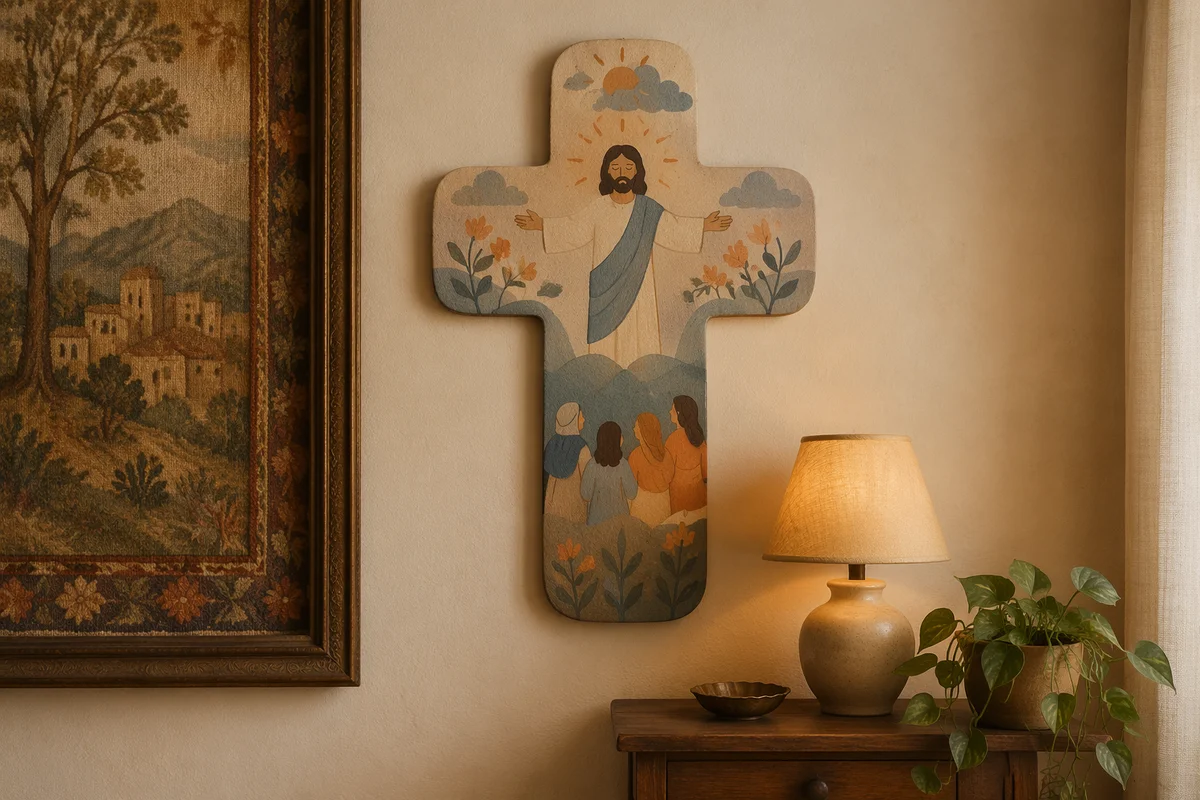 Wooden Cross on Warm Living Room Wall