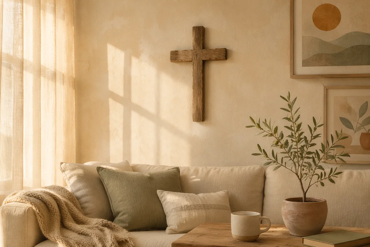 Wooden Cross on Warm Living Room Wall