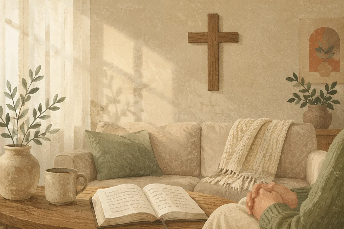 Wooden Cross Above Cozy Living Room Sofa