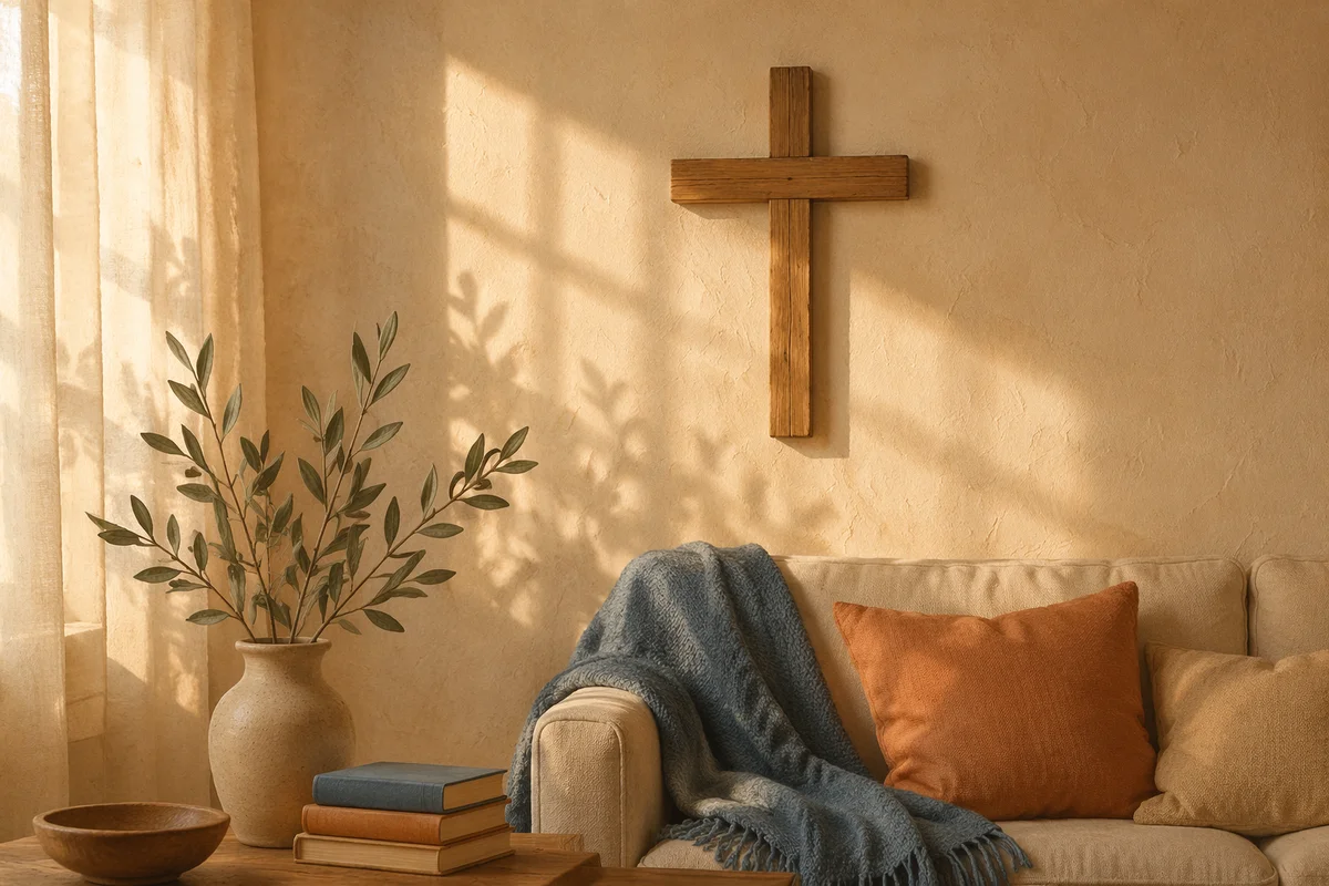 Wooden Cross Above Cozy Living Room Sofa