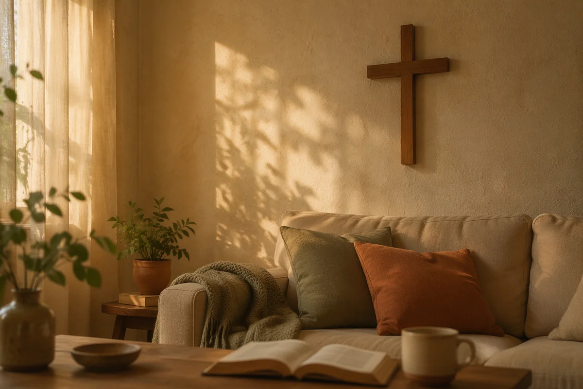 Wooden Cross Above Cozy Living Room Sofa