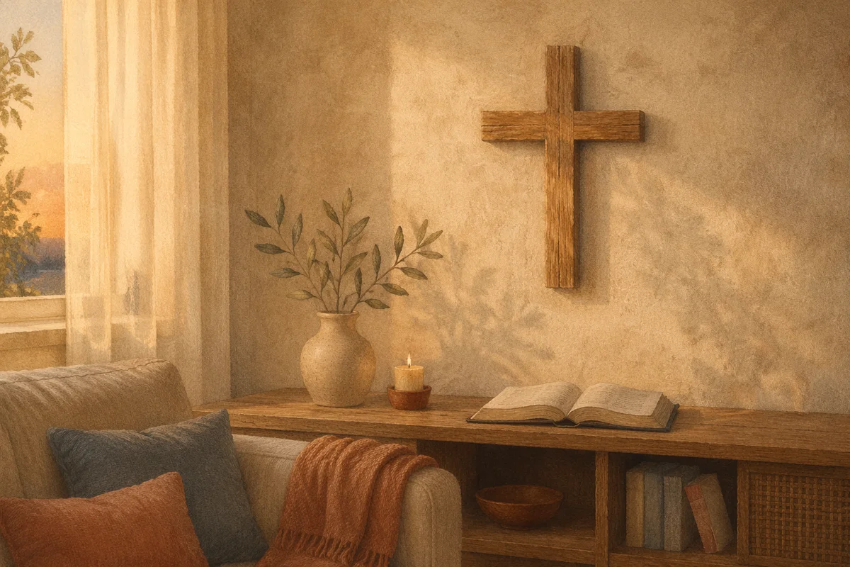 Wooden Cross in Cozy Living Room