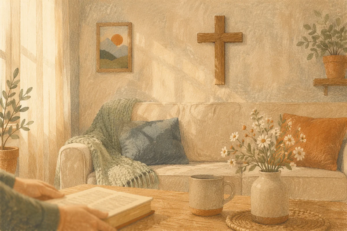 Wooden Cross Above Cozy Living Room Sofa