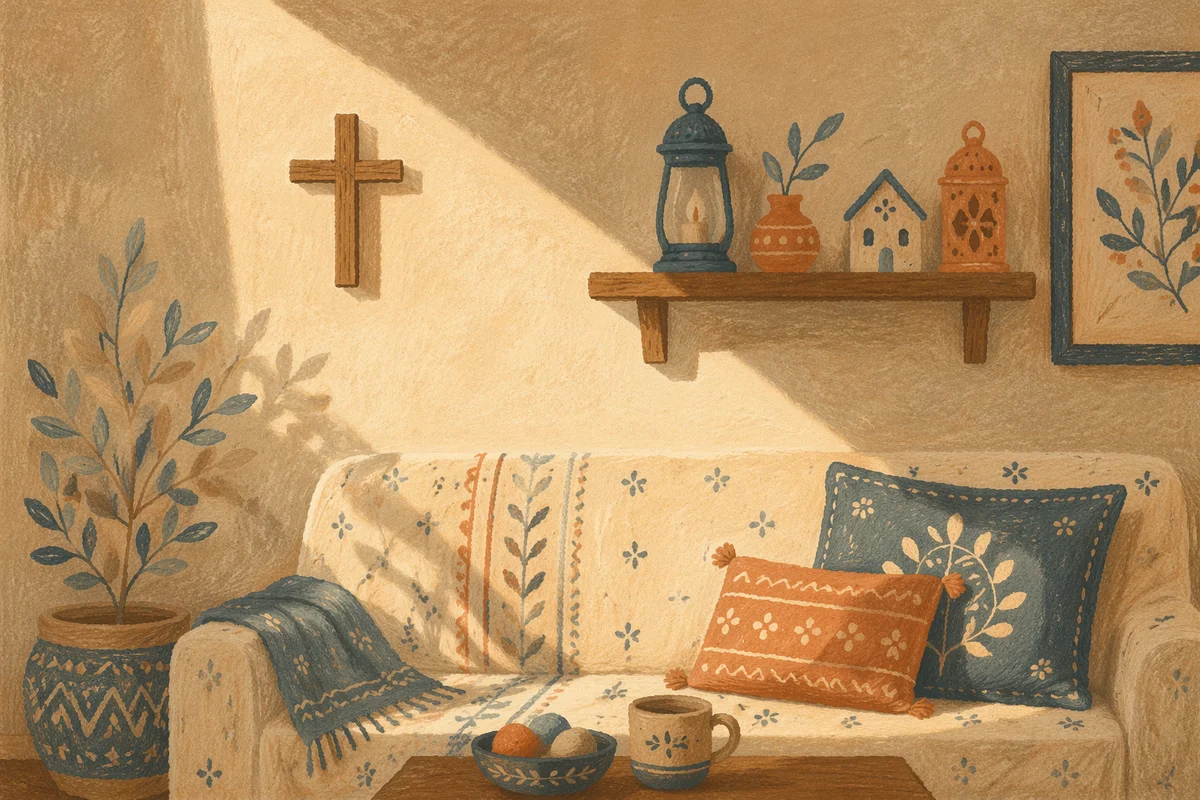 Wooden Cross Above Cozy Living Room Sofa