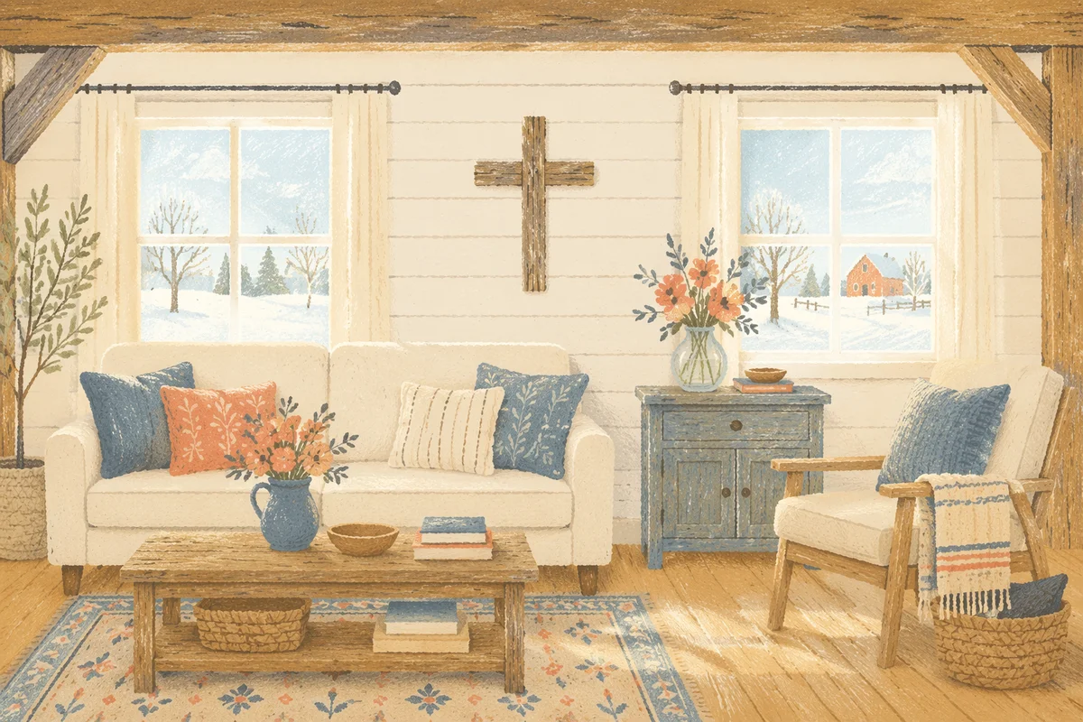 Wooden Cross in Cozy Rustic Living Room