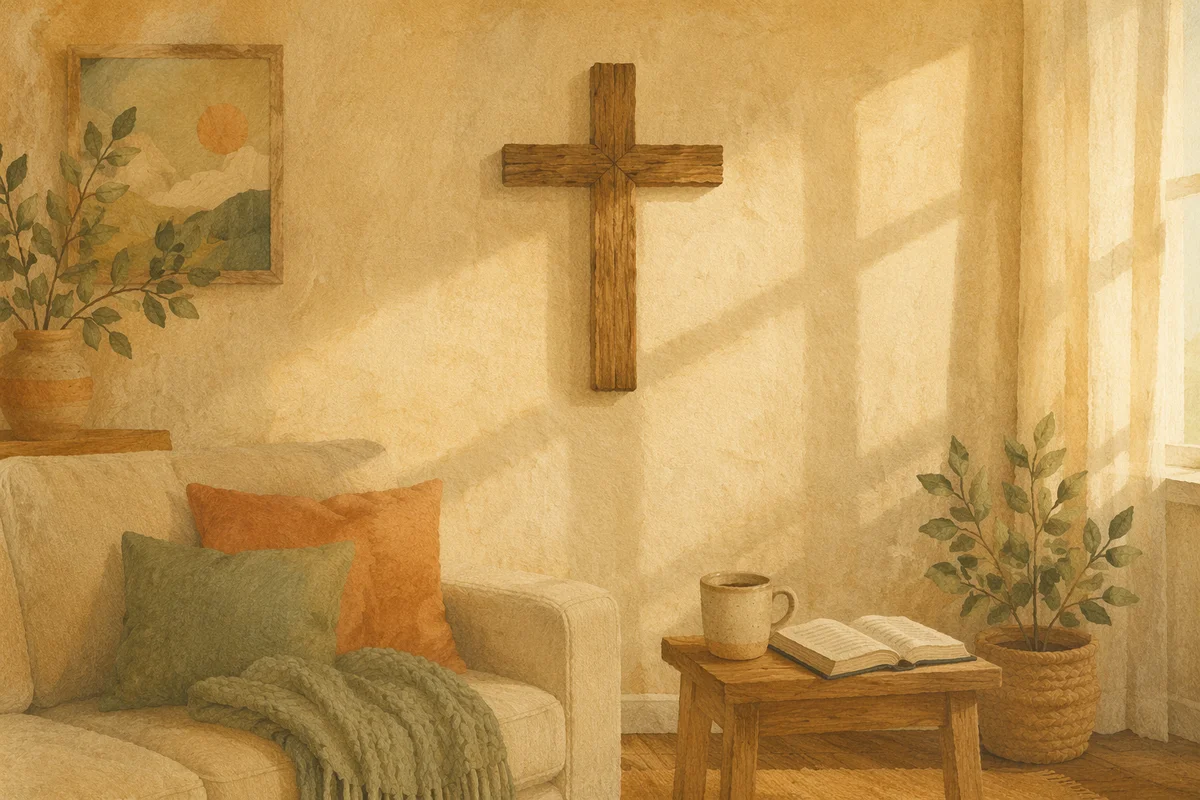 Handmade Wooden Cross in Cozy Living Room