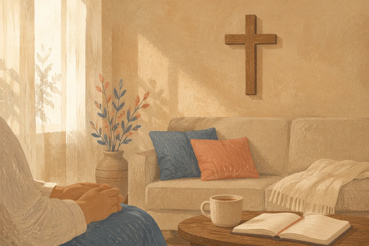 Wooden Cross Above Cozy Living Room Sofa