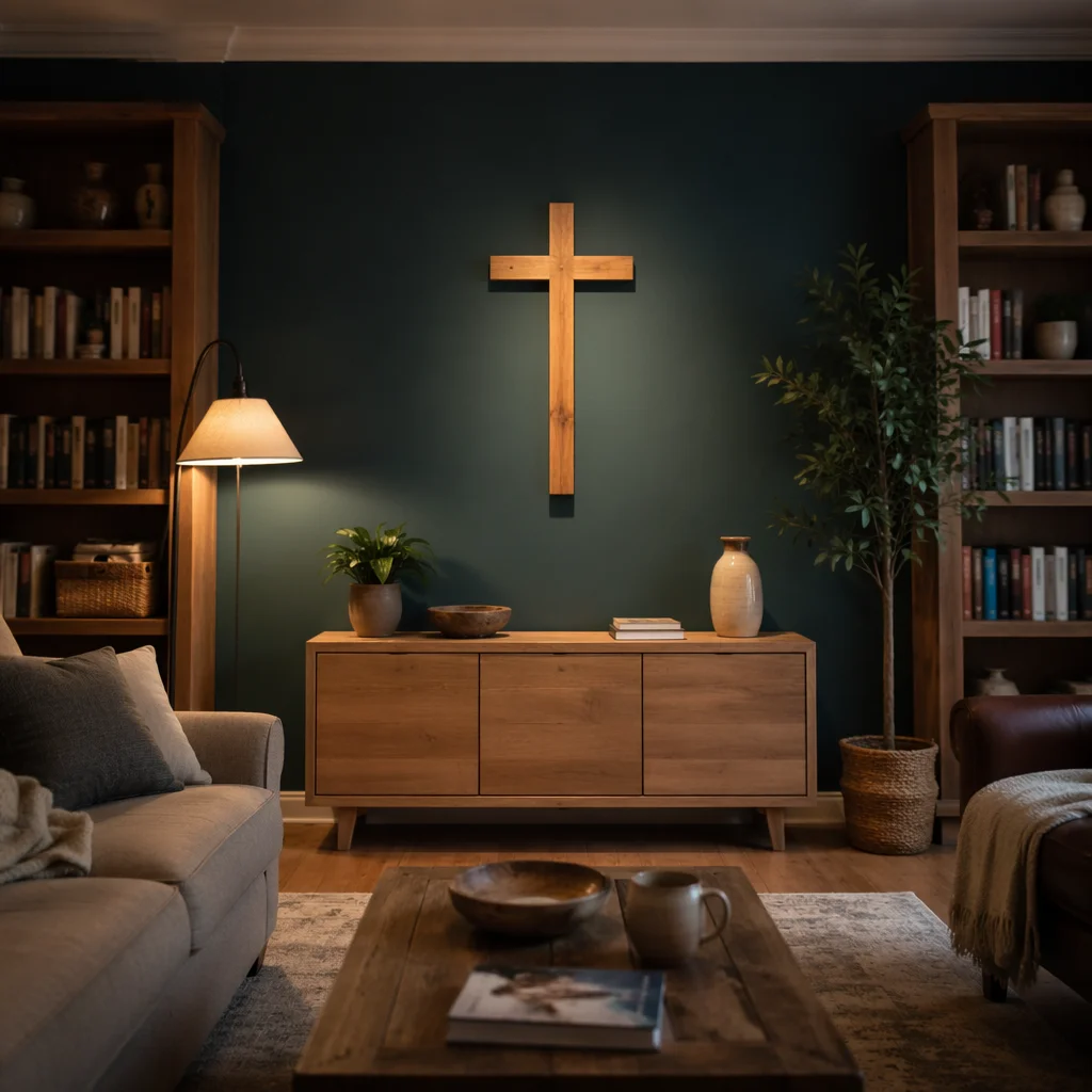 Wooden Cross on Cozy Teal Living Room Wall