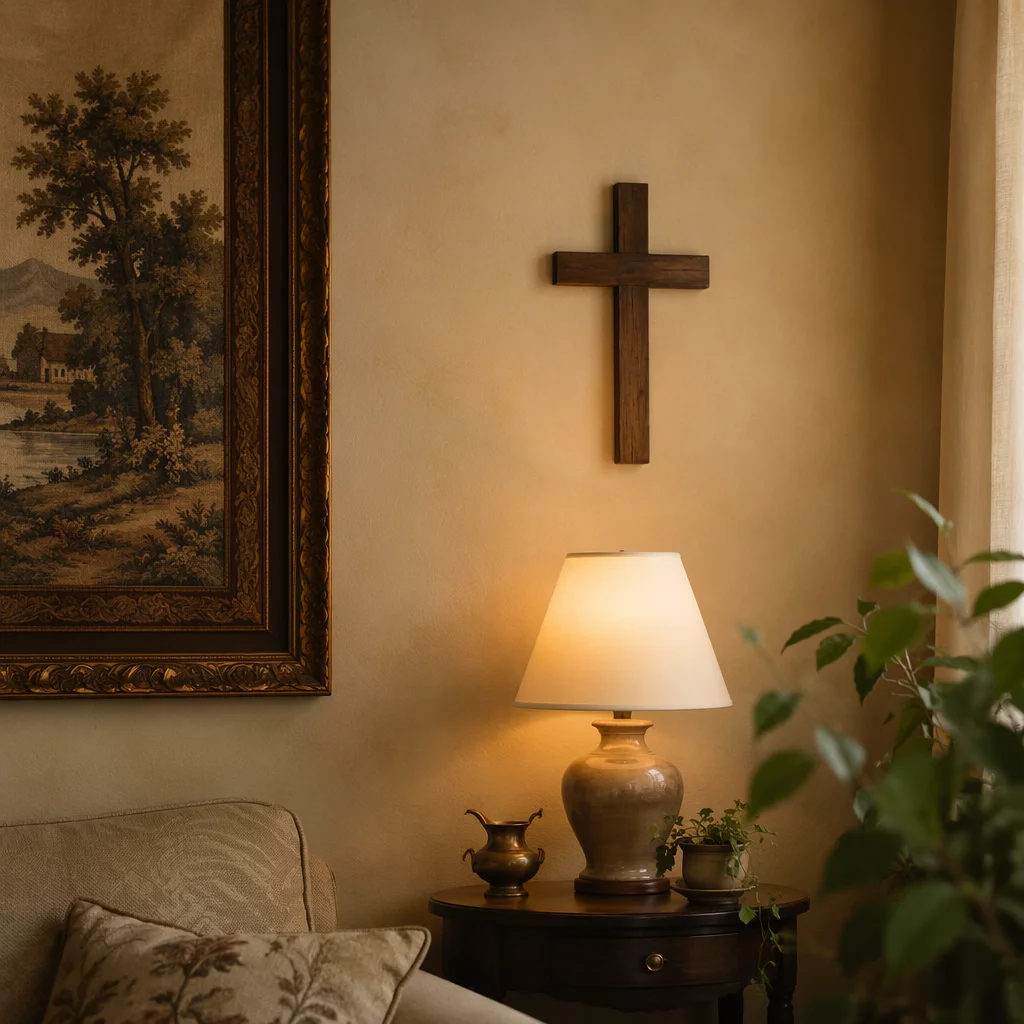 Wooden Cross on Warm Living Room Wall