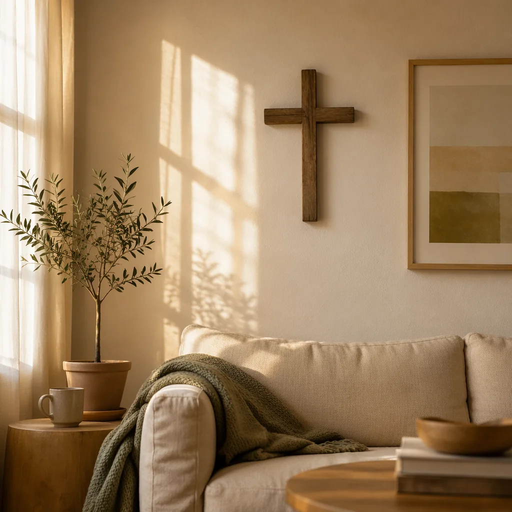 Wooden Cross Above Cozy Living Room Sofa
