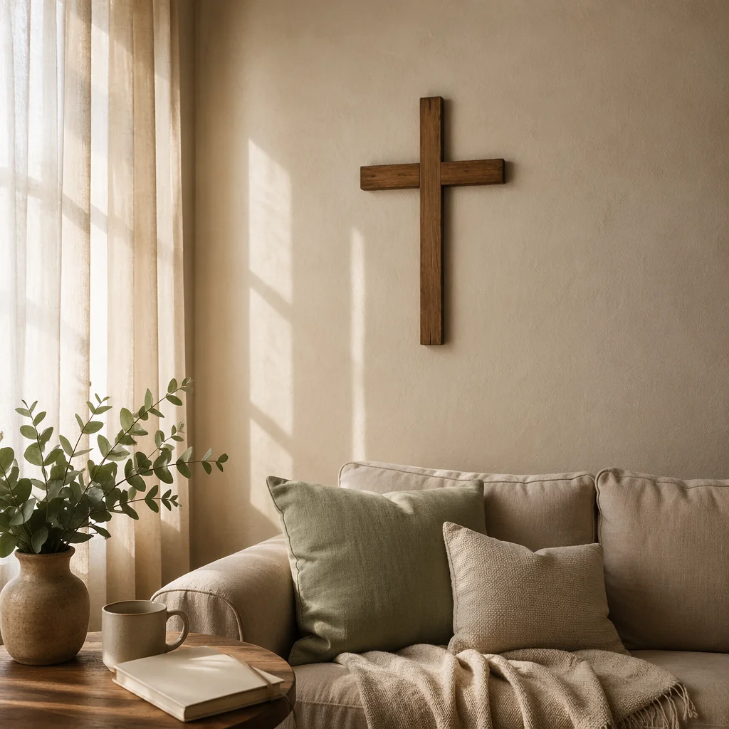 Wooden Cross on Warm Living Room Wall