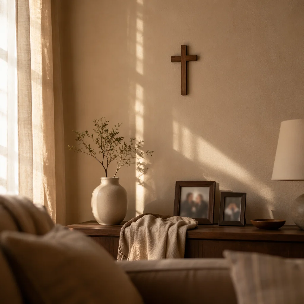 Wooden Cross on Warm Living Room Wall